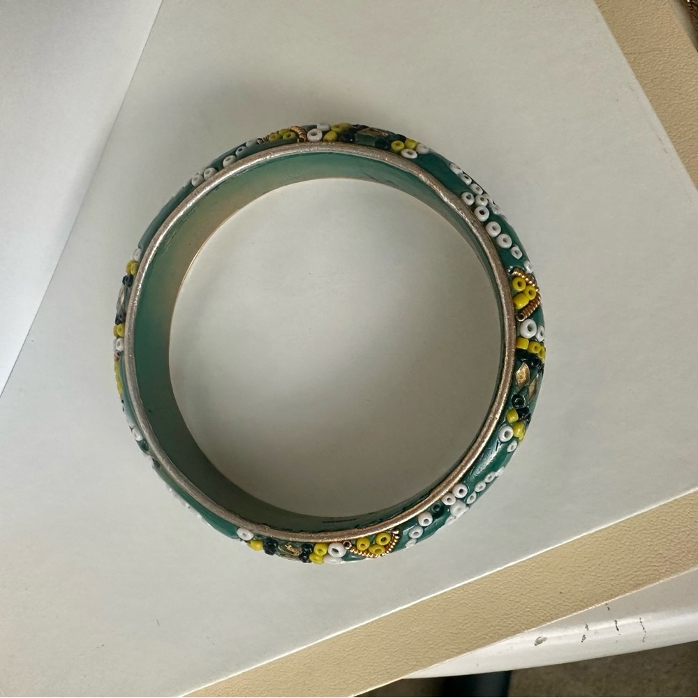 Vintage India Wooden Green Bracelet Bangle w Gold & Beaded Trim - Picture 4 of 7